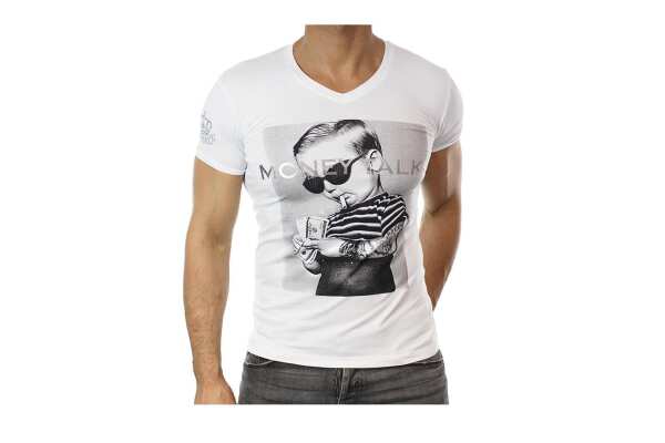 HerrenT-Shirt Kingz Muster Slim Fit Sommer Baumwolle Tatoo Dollar; Weiß L