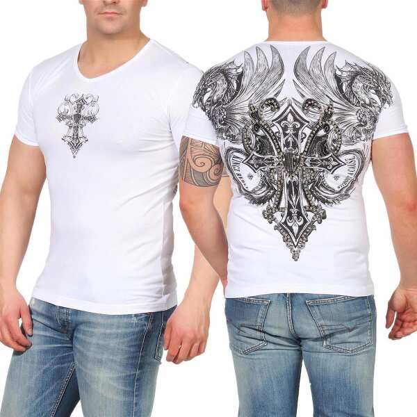 HerrenT-Shirt Kingz Muster Slim Fit Sommer Baumwolle Stickerei Tatoo;  Weiß-Silber XL