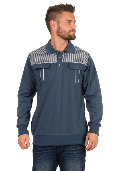 Herren Polo Shirt Langarm Baumwolle Longsleeve mit Brusttaschen; Grau-Blau M/50