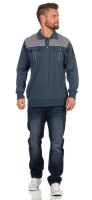 Herren Polo Shirt Langarm Baumwolle Longsleeve mit Brusttaschen; Grau-Blau M/50