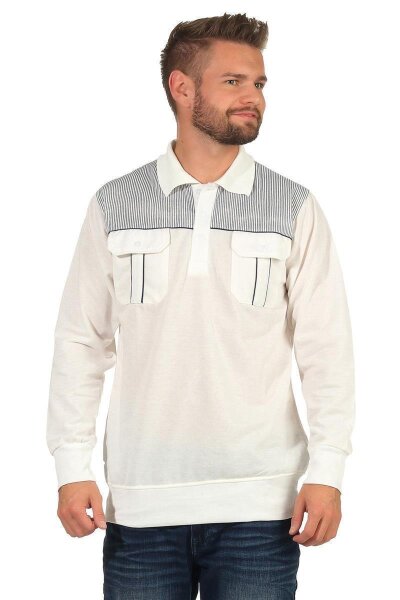 Herren Polo Shirt Langarm Baumwolle Longsleeve mit Brusttaschen; Ecru M/50