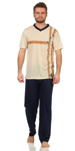 Herren Sommer Pyjama Lange Schlafhose V- T-shirt; Beige M