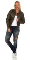 Damen Bomberjacke Flieger Pilotenjacke Biker; Kunstleder, Khaki/XS
