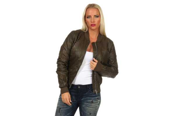 Damen Bomberjacke Flieger Pilotenjacke Biker; Kunstleder, Khaki/M