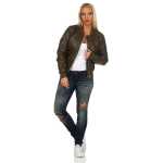 Damen Bomberjacke Flieger Pilotenjacke Biker; Kunstleder, Khaki/M