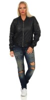 Damen Bomberjacke Flieger Pilotenjacke Biker; Kunstleder, Schwarz/S