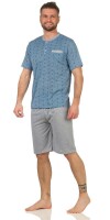 Herren Pyjama Short & Tshirt Schlaf-Anzug;  Blau-Grau M