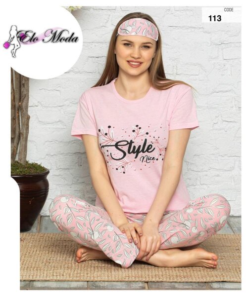 Damen Pyjama Set 3 Teiler Sommer mit Schlafmaske, Baumwolle 49 S