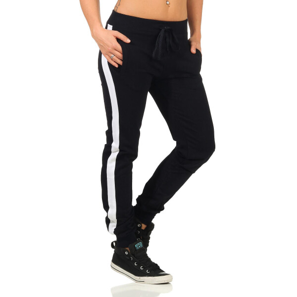 Damen Jogging Hose Sport mit Taschen Streifen;   Dunkelblau-Weiß XXL/44