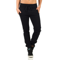 Damen Jogging Hose Sport mit Taschen Streifen;   Dunkelblau-Weiß XXL/44