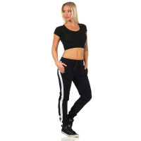 Damen Jogging Hose Sport mit Taschen Streifen;   Dunkelblau-Weiß XXL/44