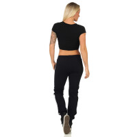 Damen Jogging Hose Sport mit Taschen Streifen;   Dunkelblau-Weiß XXL/44