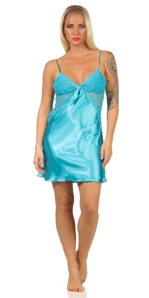 Damen Negligé Satin Nachtkleid Reizwäsche mit Spitze; Türkis/L