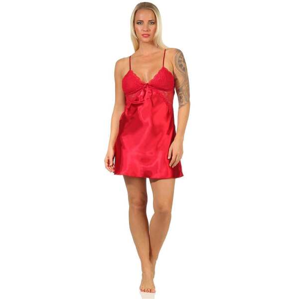 Damen Negligé Satin Nachtkleid Reizwäsche mit Spitze; Weinrot/L