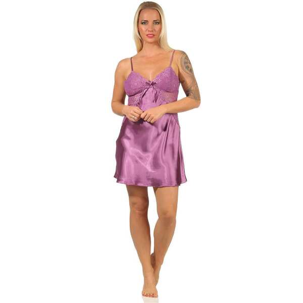 Damen Negligé Satin Nachtkleid Reizwäsche mit Spitze; Heide/M