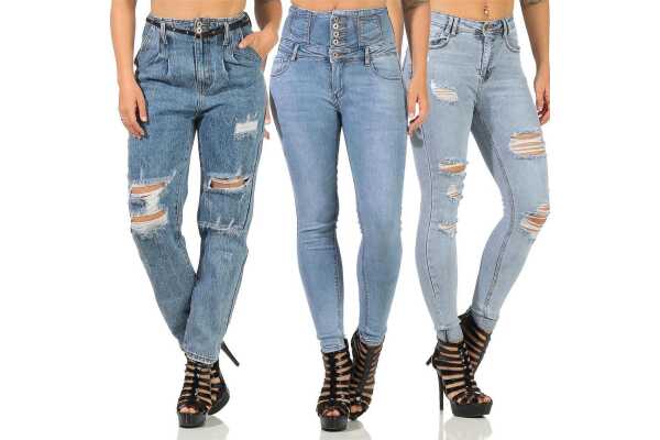 Damen Jeans Hose Risse Hochbund Röhrenjeans Skinny Slim Fit Stretch,