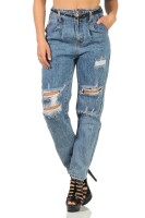 Damen Jeans Hose Risse Hochbund Röhrenjeans Skinny Slim Fit Stretch, Blau-024-2 M/38