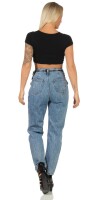 Damen Jeans Hose Risse Hochbund Röhrenjeans Skinny Slim Fit Stretch, Blau-024-2 M/38