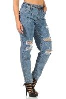 Damen Jeans Hose Risse Hochbund Röhrenjeans Skinny Slim Fit Stretch, Blau-024-2 M/38