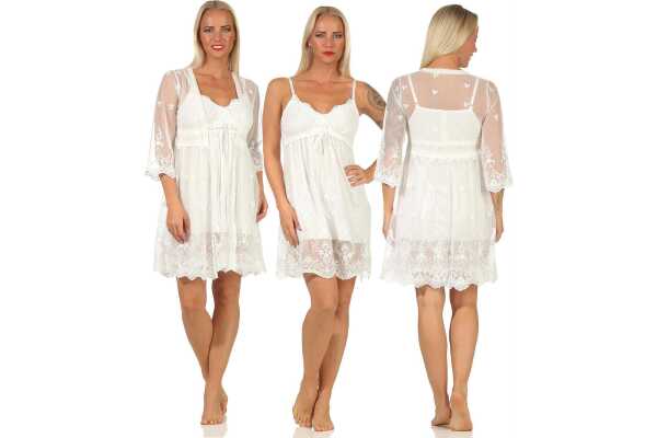 Damen 2-Teiler Kimono Negligé Set – Spitzen Kimono & Slipdress Seidenrobe Satin Reizwäsche mit Spitze;