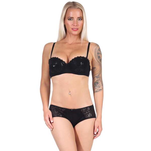 Push-up-BH pailletten mit Panty Set, Schwarz 80 Cup B