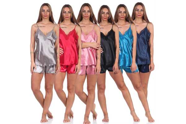 Damen Satin Nachtwäsche Pyjama Set Shorty mit Spitze; S M L XL 2XL