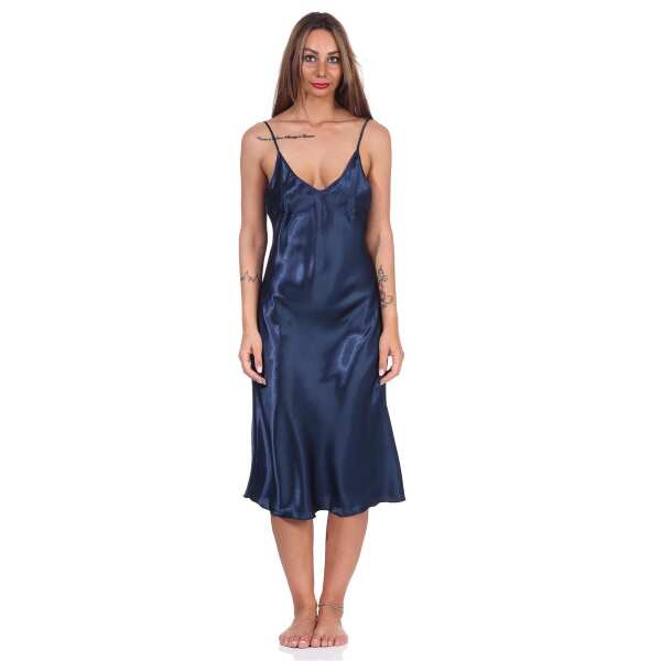 Damen Negligé Nachtwäsche Nachtkleid Dessous Satin; Dunkelblau 2XL