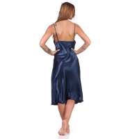 Damen Negligé Nachtwäsche Nachtkleid Dessous Satin; Dunkelblau 2XL