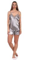 Damen Satin Nachtwäsche Pyjama Set Shorty  mit Spitze;  Taupe/XL