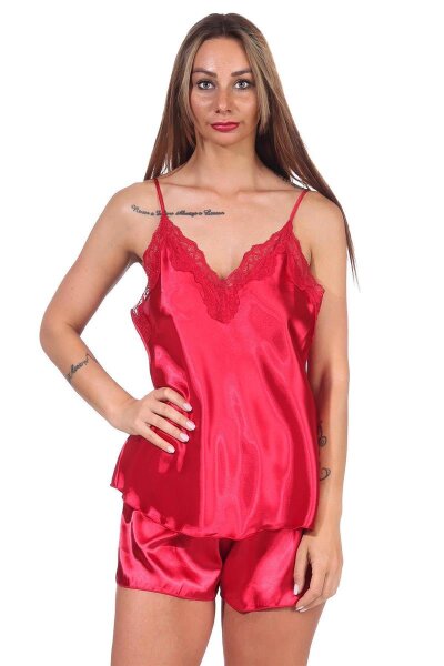 Damen Satin Nachtwäsche Pyjama Set Shorty  mit Spitze;  Weinrot/M