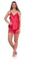 Damen Satin Nachtwäsche Pyjama Set Shorty  mit Spitze;  Weinrot/M