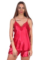 Damen Satin Nachtwäsche Pyjama Set Shorty  mit Spitze;  Weinrot/M