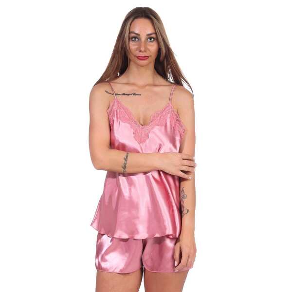 Damen Satin Nachtwäsche Pyjama Set Shorty mit Spitze; Altrosa/L