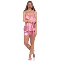 Damen Satin Nachtwäsche Pyjama Set Shorty mit Spitze; Altrosa/L