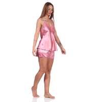 Damen Satin Nachtwäsche Pyjama Set Shorty mit Spitze; Altrosa/L