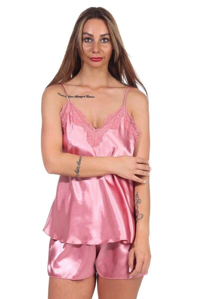 Damen Satin Nachtwäsche Pyjama Set Shorty  mit Spitze;  Altrosa/XL