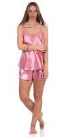 Damen Satin Nachtwäsche Pyjama Set Shorty  mit Spitze;  Altrosa/XL