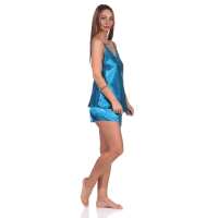 Damen Satin Nachtwäsche Pyjama Set Shorty mit Spitze; Petrol/M