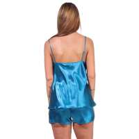 Damen Satin Nachtwäsche Pyjama Set Shorty mit Spitze; Petrol/M