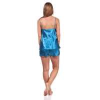 Damen Satin Nachtwäsche Pyjama Set Shorty mit Spitze; Petrol/M