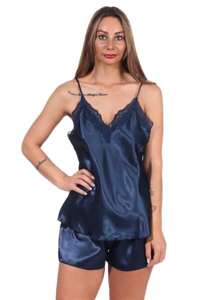 Damen Satin Nachtwäsche Pyjama Set Shorty  mit Spitze;  Dunkelblau/XL