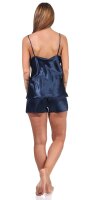 Damen Satin Nachtwäsche Pyjama Set Shorty  mit Spitze;  Dunkelblau/XL