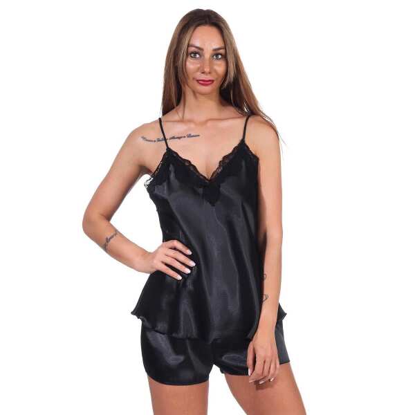 Damen Satin Nachtwäsche Pyjama Set Shorty mit Spitze; Schwarz/S