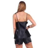 Damen Satin Nachtwäsche Pyjama Set Shorty mit Spitze; Schwarz/S