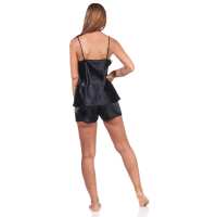 Damen Satin Nachtwäsche Pyjama Set Shorty mit Spitze; Schwarz/S