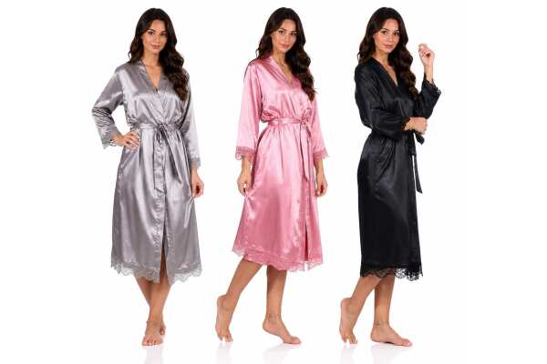 Damen Satin Morgenmantel lang mit Spitze – Kimono Bademantel aus 100 % Polyester, weich & glänzend