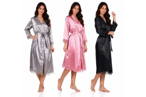 Damen Satin Morgenmantel lang mit Spitze – Kimono Bademantel aus 100 % Polyester, weich & glänzend
