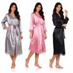 Damen Satin Morgenmantel lang mit Spitze – Kimono...