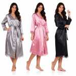 Damen Satin Morgenmantel lang mit Spitze – Kimono...