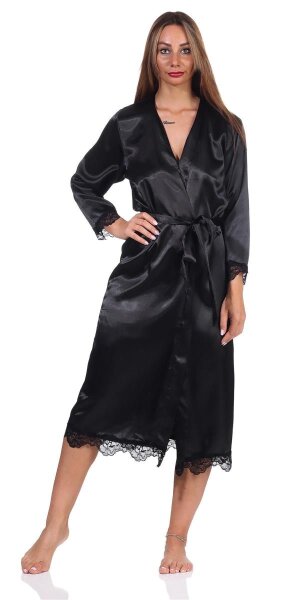 Damen Morgenmantel Kimono Satinrobe mit Spitze; Schwarz/L